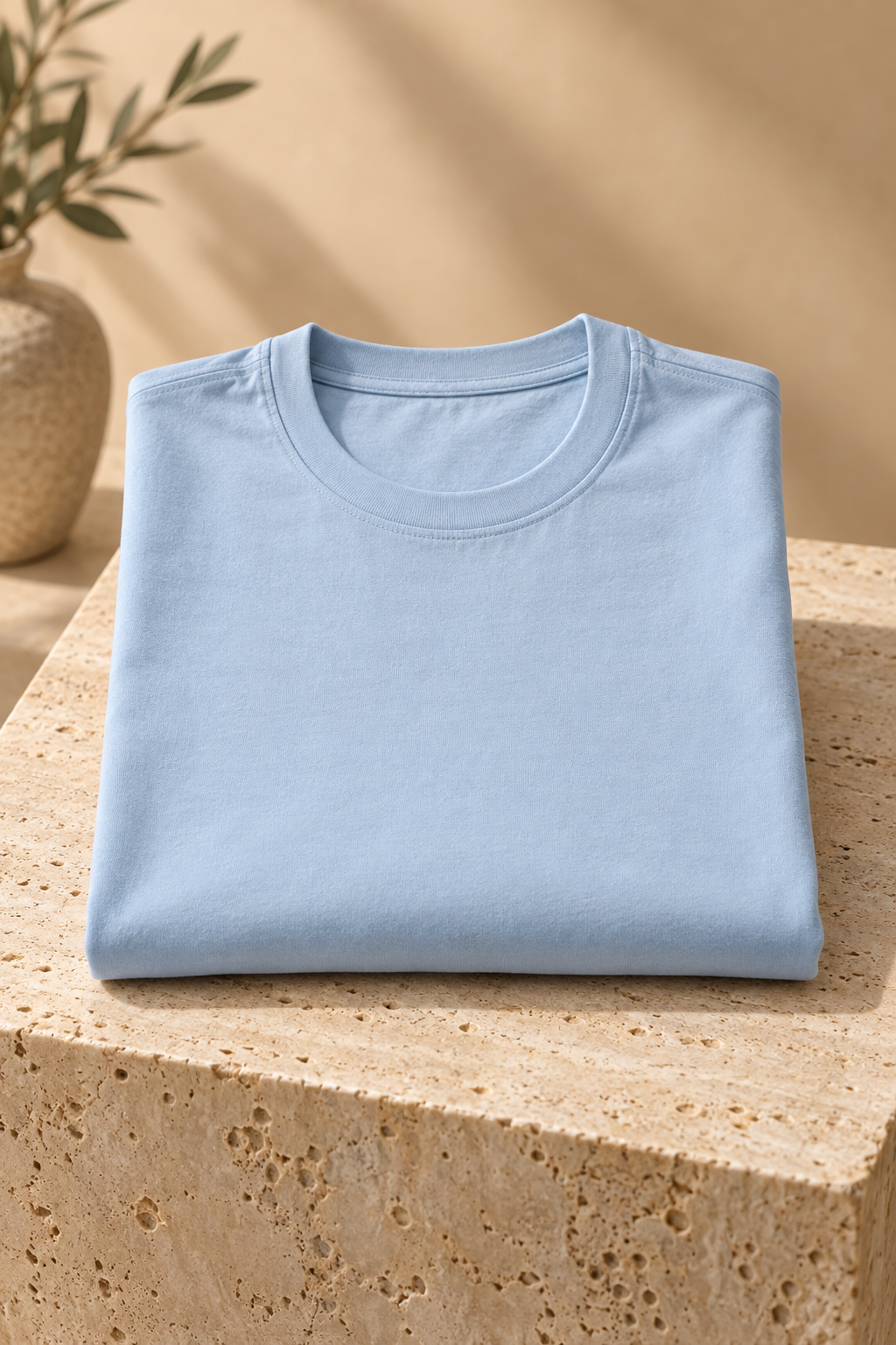 Camiseta azul cielo doblada en escena boutique