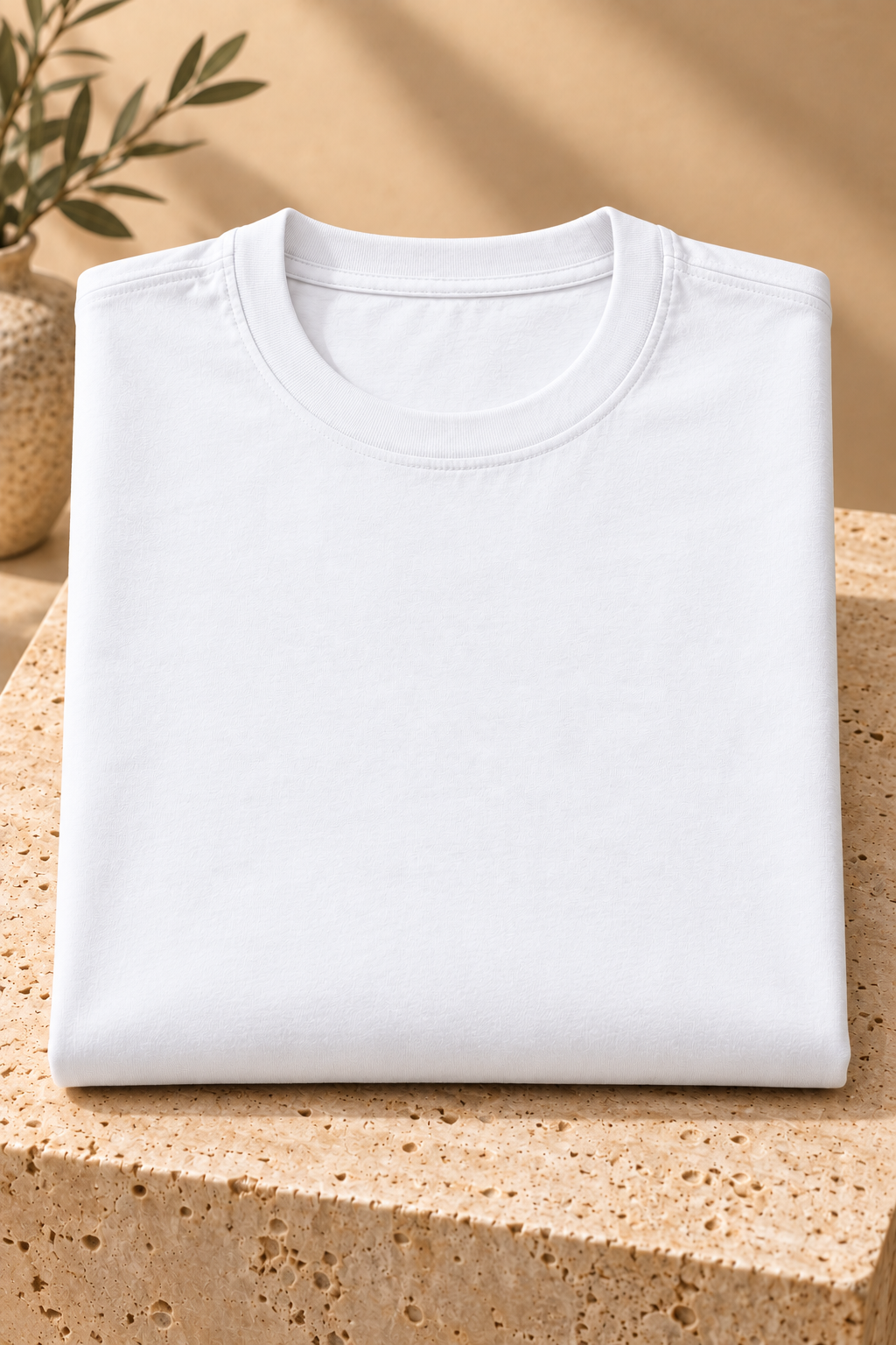 Camiseta blanca doblada de frente en escena boutique