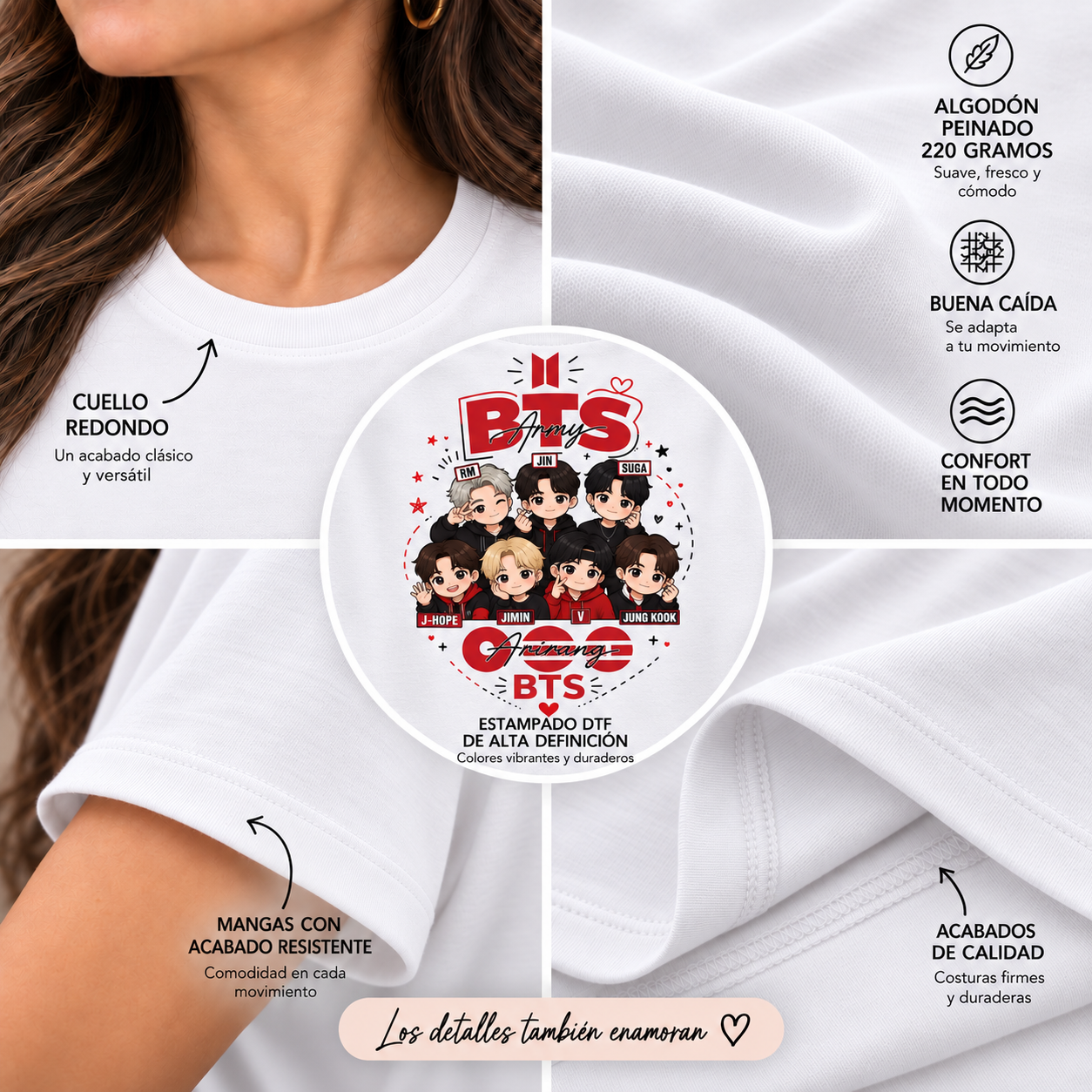 Infografía del producto: algodón peinado, cuello redondo, buena caída, mangas con acabado resistente y estampado BTS de alta definición