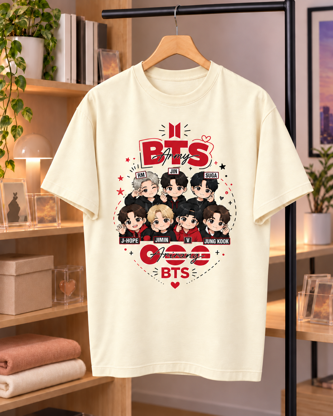 Camiseta vainilla colgada de frente con el estampado BTS de siete personajes