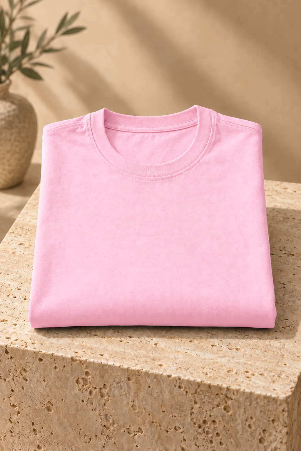 Camiseta rosado claro doblada en escena boutique