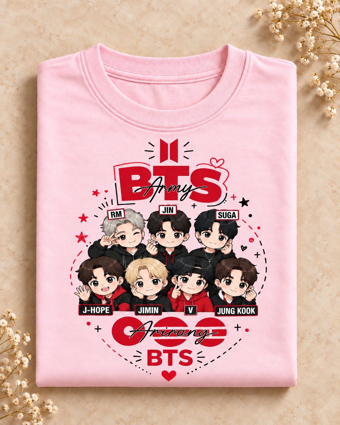 Camiseta rosado claro doblada en escena boutique