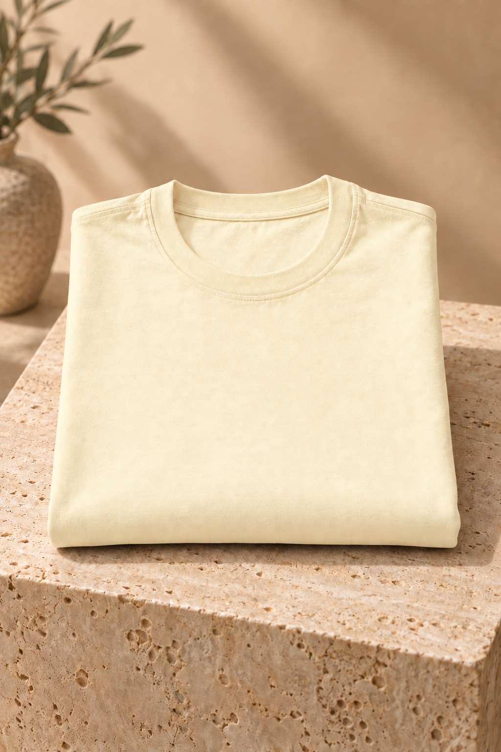 Camiseta vainilla doblada en escena boutique